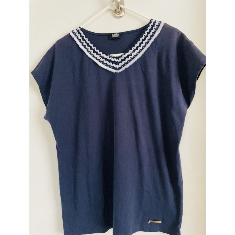 Jones New York Signature Women's Blue White Solid V-Neck Crochet Knit Top L